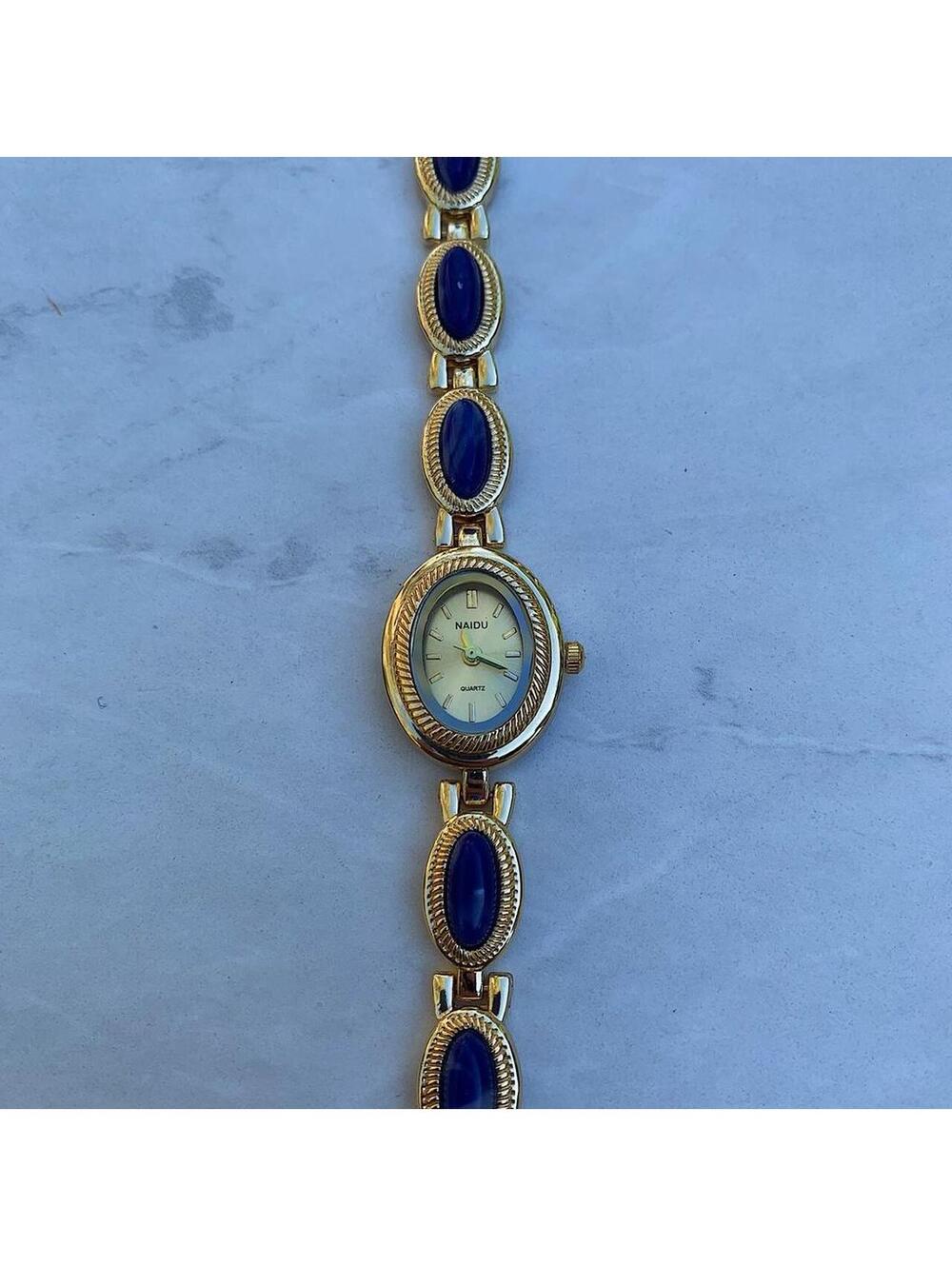Y2k style Dainty cute Gold style tone quartz watch with dark blue jade stone - Picture 8 of 8